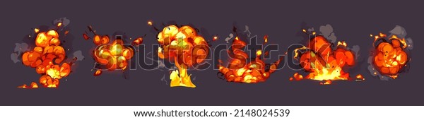 Cartoon dynamite or bomb explosion, fire set. Boom\
clouds and smoke elements for ui game design. Dangerous explosive\
detonation, atomic comics detonators for mobile animation, isolated\
vector icons