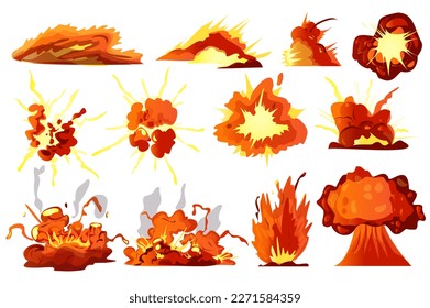 Cartoon dynamite or bomb explosion set concept without people scene in the flat cartoon design. Image of explosions on a white background. Vector illustration.