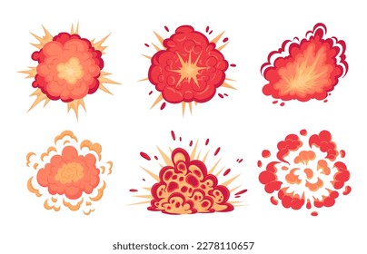 Explosiones de bombas de dinamita de caricatura. La detonación de una bomba de peligro incendia nubes. Ilustraciones vectoriales de nubes de humo y humos cómicos