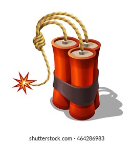 Cartoon dynamite explode with burning wick for games. Vector illustration.