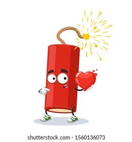 cartoon dynamite stick with a lit wick character mascot keeps the heart on white background