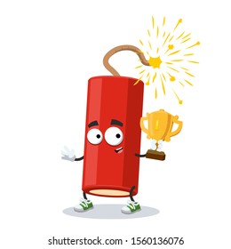 cartoon dynamite stick with a lit wick mascot holds the number one cup on white background