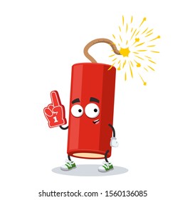 cartoon dynamite stick with a lit wick character mascot with the number 1 one sports fan hand glove on a white background