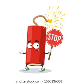 cartoon dynamite stick with a lit wick mascot with tablet stop in hand on white background