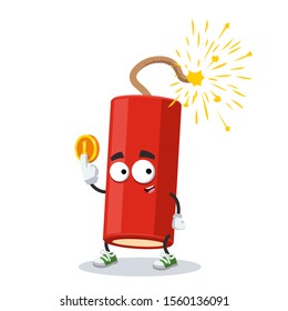 cartoon dynamite stick with a lit wick mascot keeps the coin on white background