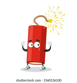 cartoon dynamite stick with a lit wick mascot shows its strength on a white background