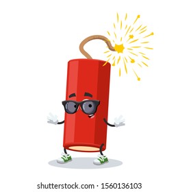 cartoon dynamite stick with a lit wick character mascot in black sunglasses on a white background