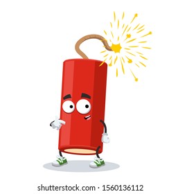 cartoon dynamite stick with a lit wick mascot showing himself on a white background