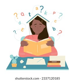 Cartoon dyslexic girl with anxiety on face learning, reading at school table, education difficulty and mental disorder of confused child. Disability problem of kids dyslexia vector illustration.