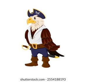 Cartoon eagle animal pirate and corsair character in tricorn hat, white shirt and sword, embodying classic nautical theme for maritime adventure stories. Isolated vector falcon bird buccaneer captain