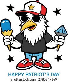 A cartoon eagle in a baseball cap and sunglasses holds two ice cream treats on Patriot's Day.