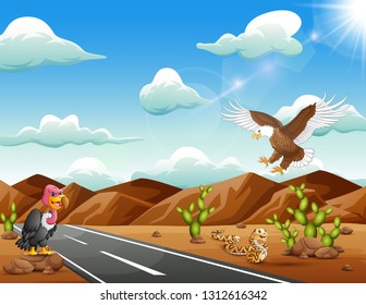 Cartoon eagle bird,vulture and snake living in the desert