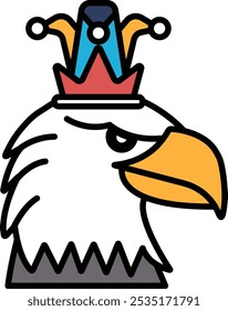 A cartoon eagle with a crown on its head. The eagle is angry and has a menacing look on its face