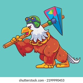 Karikaturadler, der einen Hammer hält. Einzelne Tiergrafik. Flachsticker-Symbol, Premium-Vektorgrafik