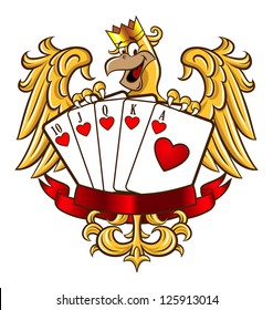 cartoon eagle holding royal flush