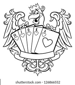 cartoon eagle holding royal flush. Outline