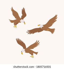 Cartoon eagle icon set. Cute bird in different poses. Vector illustration for prints, clothing, packaging, stickers.