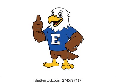 Cartoon eagle mascot wearing blue shirt with white letter E giving thumbs up isolated on white background