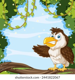 Cartoon eagle perched on a branch, surrounded by foliage.