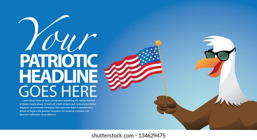 Cartoon Eagle points towards your message. EPS 8 vector, grouped for easy editing. No open shapes or paths.