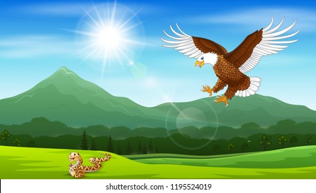 Cartoon of eagle pouncing on snakes