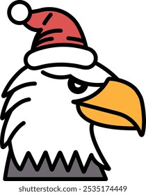 A cartoon eagle with a red hat on its head. The hat is decorated with a white star and a red bow