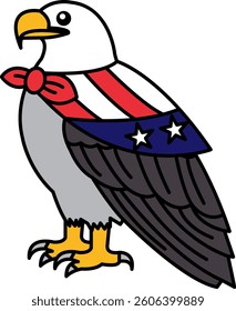 A cartoon eagle with a red, white, and blue American flag on its chest and a red bow tie