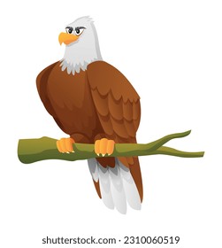 Cartoon eagle sitting on branch illustration isolated on white background