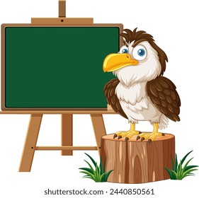 Cartoon eagle standing by an empty chalkboard