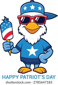 A cartoon eagle wearing sunglasses and a blue outfit with a white star, holding an American flag ice cream treat.