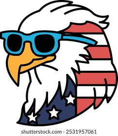 A cartoon eagle wearing sunglasses and a red, white and blue American flag. The eagle is wearing sunglasses and has a goofy, fun look to it