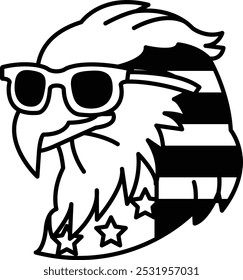 A cartoon eagle wearing sunglasses and a white and black American flag