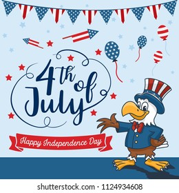 Cartoon Eagle wearing Uncle Sam hat with text 4th of July independence day 
hand lettering, Vector Illustration