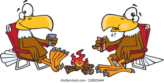 cartoon eagles sitting around a campfire eating and drinking