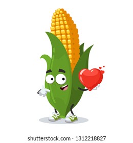 cartoon ear of corn character mascot keeps the heart on white background