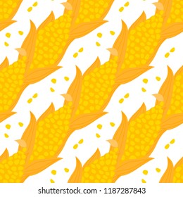 Cartoon ear of corn with grain seamless pattern. Vector ilustration isolated on white background.