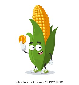 cartoon ear of corn mascot keeps the coin on white background isolated