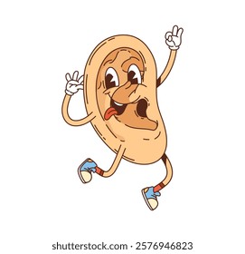 Cartoon ear groovy medicine and health character jumps joyfully with sticking tongue showing playful vibe. Isolated vector human body organ personage with retro sneakers and cheerful, smiling face