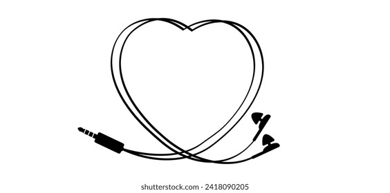 Caricatura de orejas con icono del corazón del amor. Para la música romántica seña Earbuds. Tomas de sonido, música o enchufes de concierto pop. Auriculares, logotipo de auriculares. Telefono para música.
