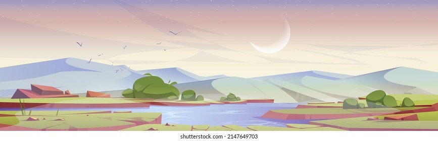 Cartoon early morning nature landscape green field with pond, grass, rocks under pink sky with crescent. Picturesque scenery background, natural dawn tranquil countryside scene, Vector illustration