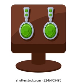 Cartoon earrings jewelry holder. Jewelry shop precious golden accessory, green gemstone bijouterie earrings flat vector illustration on white background