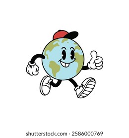 Cartoon Earth Character with Cap and Thumbs Up Gesture