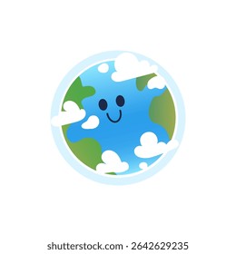 Cartoon Earth Character. Happy Planet. World earth day symbol. Cute globe among the clouds. Vector  illustration