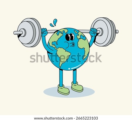 Cartoon Earth character straining and sweating while lifting a heavy barbell overhead, symbolizing global strength and resilience