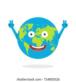 Cartoon earth character. World map globe with smiley face and hands. Vector illustration.