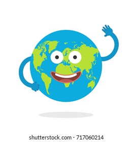 Cartoon earth character. World map globe with smiley face and hands. Vector illustration.