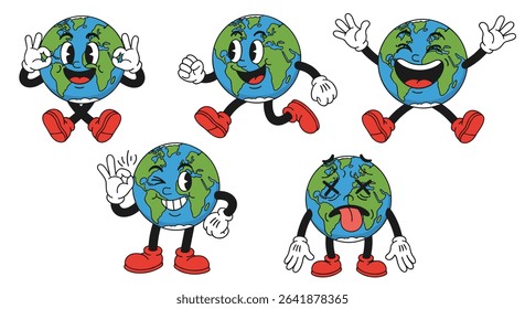 Cartoon Earth Characters Showing Happy Energetic Confident and Exhausted Expressions in Various Poses