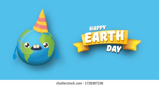 Cartoon earth day horizontal banner with cute smiling earth planet character with funny hat isolated on blue sky background. Eath day concept horizontal design template with funny kawaii earth globe