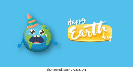 Cartoon earth day horizontal banner with cute smiling earth planet character with funny hat isolated on blue sky background. Eath day concept horizontal design template with funny kawaii earth globe