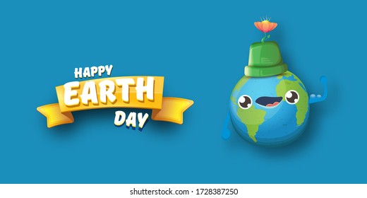 Cartoon earth day horizontal banner with cute smiling earth planet character with funny hat isolated on blue sky background. Eath day concept horizontal design template with funny kawaii earth globe